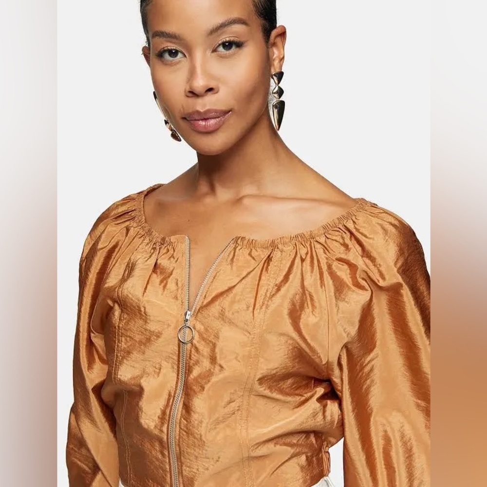 Topshop Carmel Colored Full Zip Puff Sleeve Crop Top